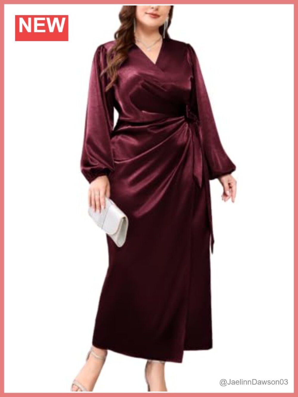 Plus Size Satin Wrap Midi Dress Ruched Tie Waist V Neck Long Sleeve Formal